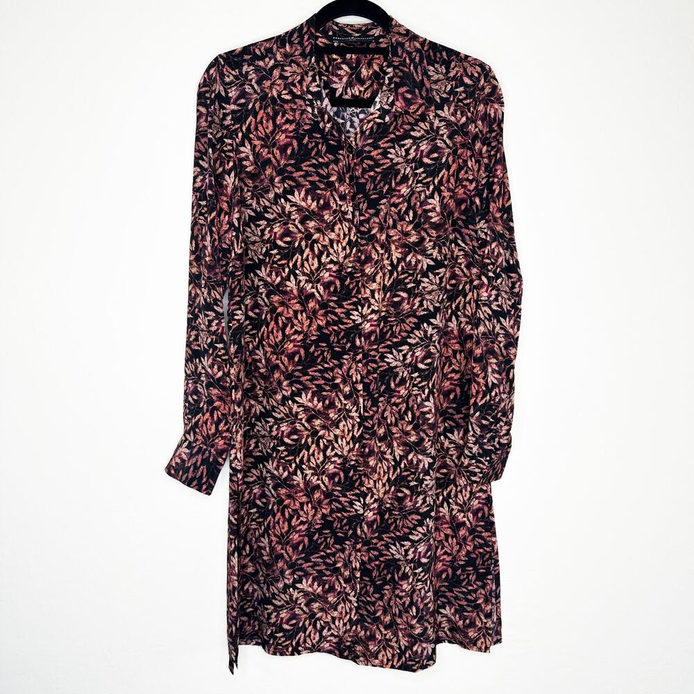 Peruvian Connection Leaf Print Silk Long Sleeve Collared Tunic Shirt Dress Med